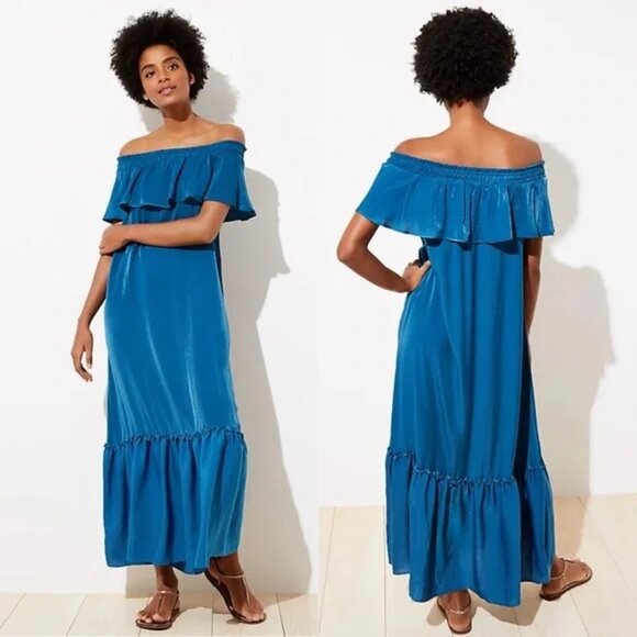 LOFT Dresses & Skirts - 3/$25 LOFT Beach Maxi Dress S Off Shoulder Tiered Silky Flowy Ruffle Teal Long
